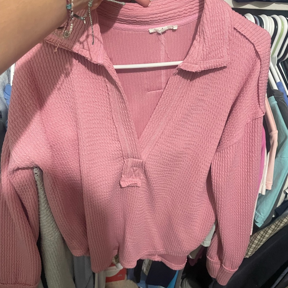 Pink Textured V-Neck Sweater